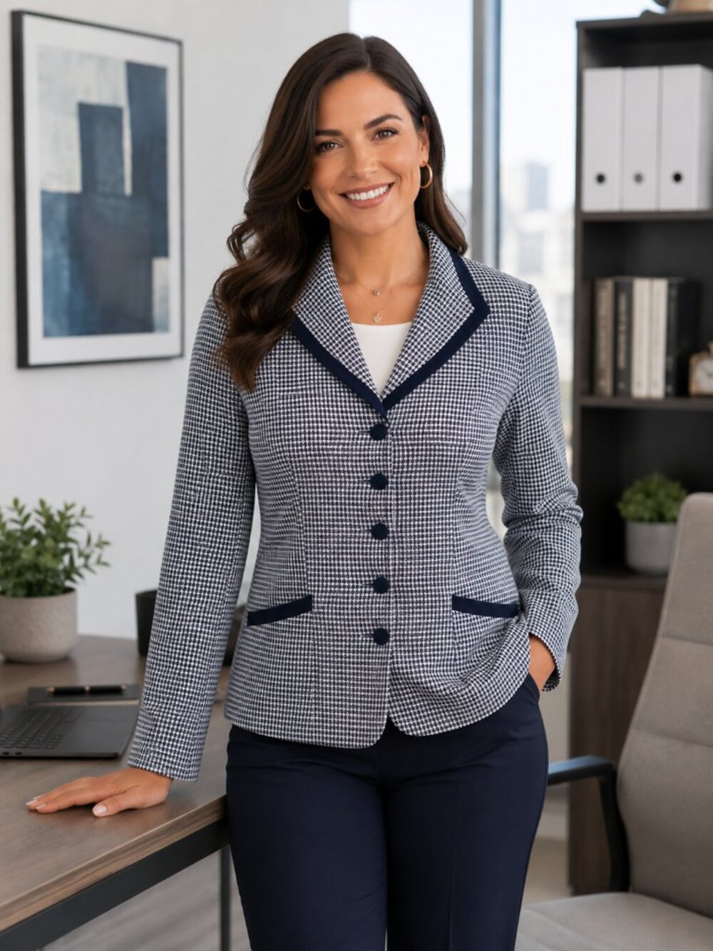 Women's Vintage Pendleton Wool Blazer Blue White Houndstooth Size 10
